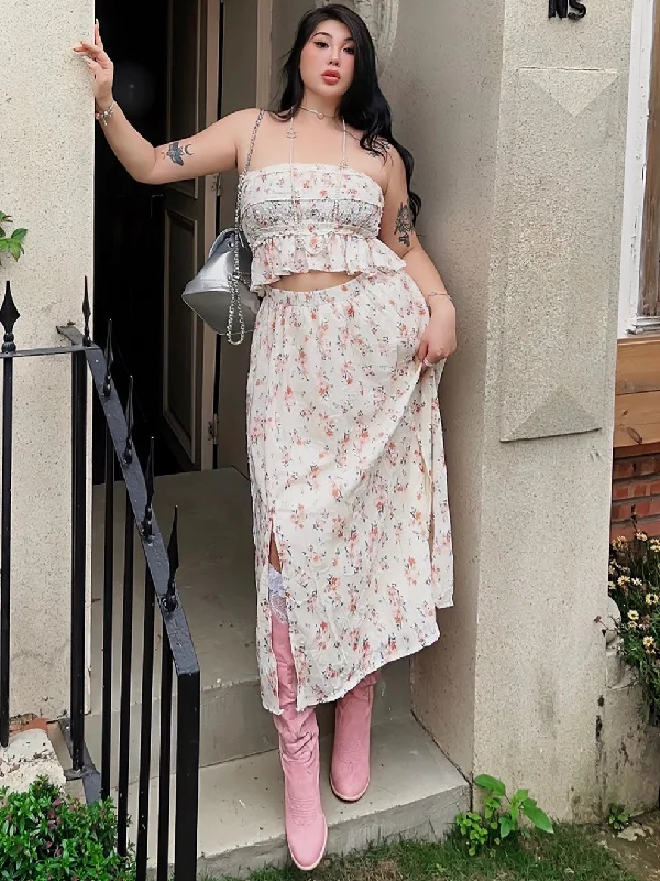 Annabelle Plus Size Floral Sleeveless Bandeau Tude Ruffle Top + Plus Size High Waist Side Slit Midi Skirt Matching Set silk skirt lustrous