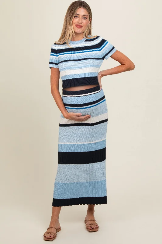 Blue Ribbed Striped Maternity Skirt Set denim skirt fashionable