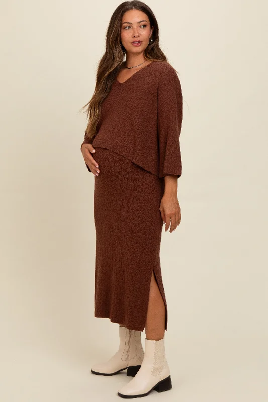 Brown Textured Knit Top And Midi Skirt Maternity Set vintage skirt charm