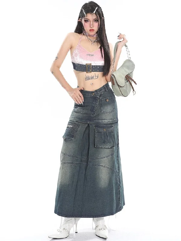 Carly Pink Velour Velvet Choker Halter Neck Denim Belt Strap Cropped Top + High V-Waist Multi-Pocket Denim Pleated Long Skirt Matching Set lace skirt elegant Carly Pink Velour Velvet Choker Halter Neck Denim Belt Strap Cropped Top + High V-Waist Multi-Pocket Denim Pleated Long Skirt Matching Set lace skirt elegant