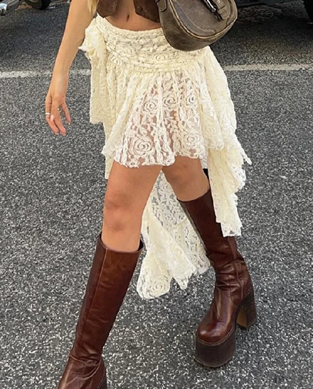 Casual Solid Lace Asymmetrical Skirt Basic Slim Mid-Waisted Mini Skirts Women Summer Fashion Streetwear Ladies wrap skirt elegant
