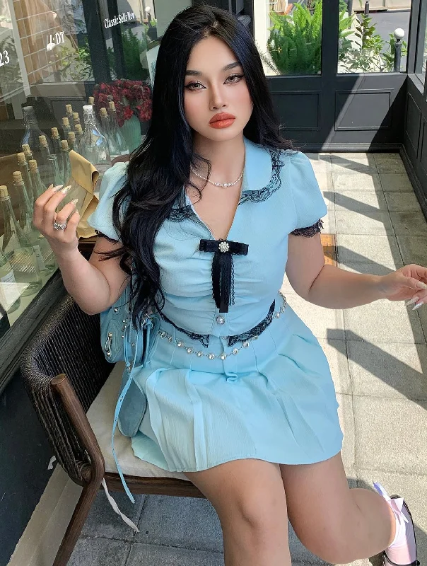 Chica Plus Size Solid Color Baby Blue Short Sleeve Bow Brooch Button Up Patchwork Lace Top + Plus Size Pleated Mini Skirt Matching Set velvet skirt glossy Chica Plus Size Solid Color Baby Blue Short Sleeve Bow Brooch Button Up Patchwork Lace Top + Plus Size Pleated Mini Skirt Matching Set velvet skirt glossy