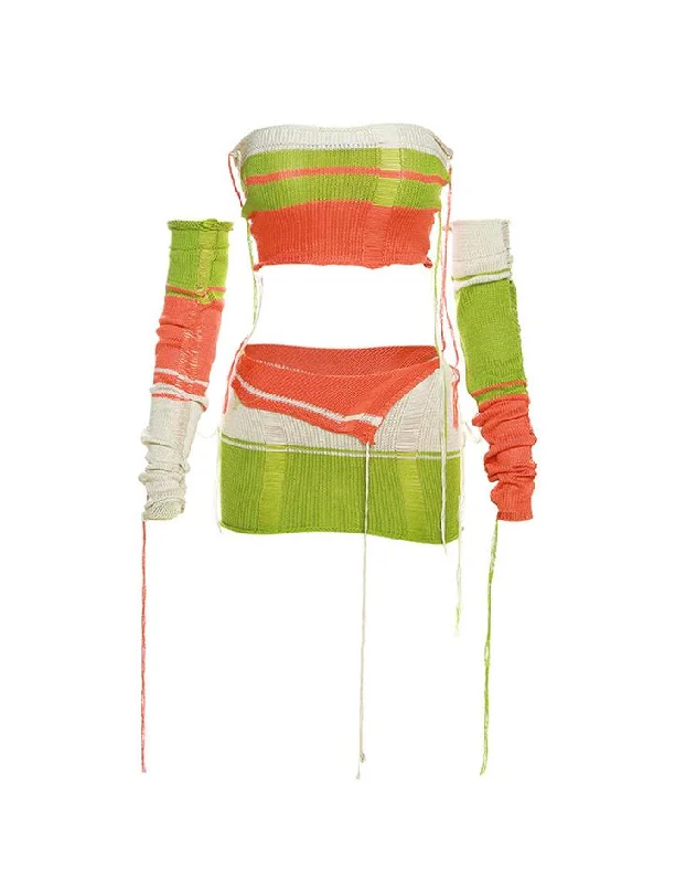 Colorblock Crochet Strapless Camisole and Mini Skirt Co ord Set summer skirt style