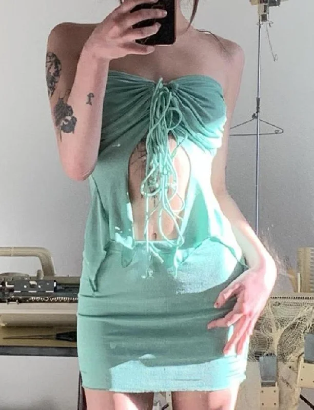 Drawstring Slit Strapless Camisole and Mini Skirt Co ord Set elastic waist skirt