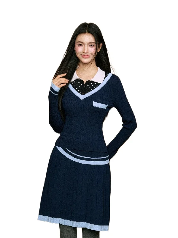Faux Two-Piece Polka Dot Polo Shirt & Pleated Skirt Set pleated skirt texture