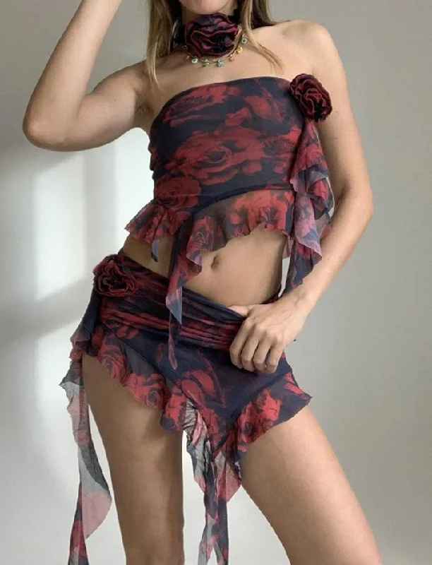 Flower Decor Retro One-shoulder Tube Top With Ruffle Mini Skirt Co ord Set lace skirt delicate Flower Decor Retro One-shoulder Tube Top With Ruffle Mini Skirt Co ord Set lace skirt delicate