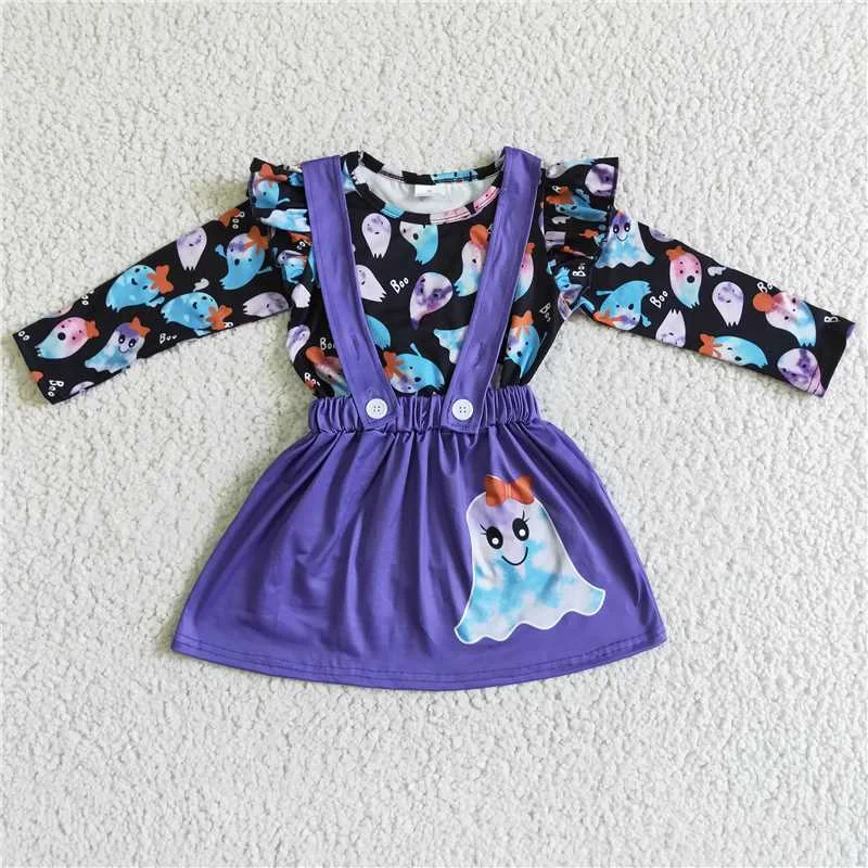 GLD0026 Halloween BOO ghost long-sleeved purple suspender skirt suit cotton skirt soft