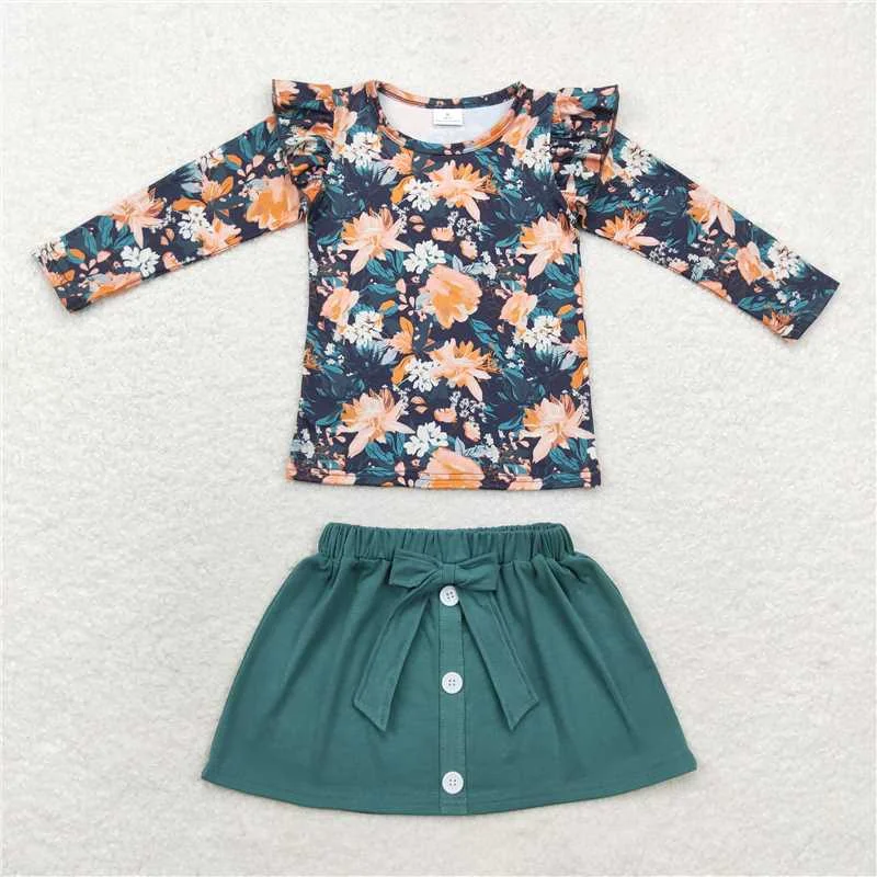GLD0590 Baby Girls Fall Navy Flowers Shirts Skirt Clothes Sets cashmere skirt soft