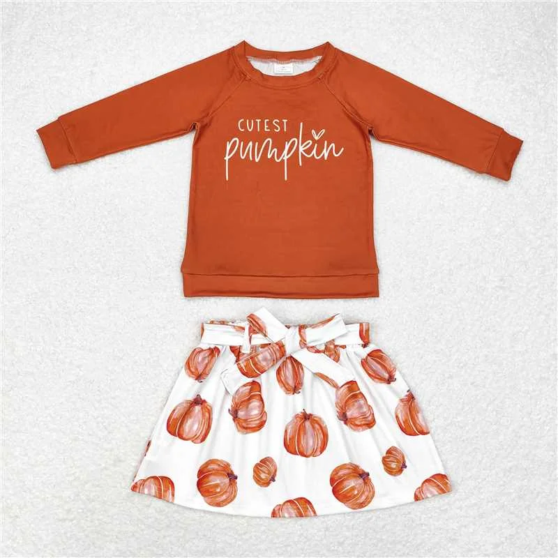 GLD0686 Baby Girls Cutest Pumpkin Shirt Skirts Clothes Sets silk skirt lustrous