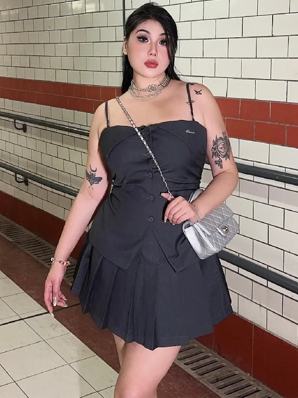 Henna Plus Size Solid Color Dark Grey Bandeau Camisole Top + Preppy Pleated Skirt Matching Set vintage skirt charm Henna Plus Size Solid Color Dark Grey Bandeau Camisole Top + Preppy Pleated Skirt Matching Set vintage skirt charm