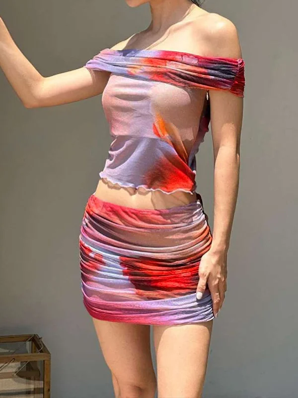 Irregular Print Off Shoulder Crop Top and Mini Skirt Two Piece Set silk skirt luxurious Irregular Print Off Shoulder Crop Top and Mini Skirt Two Piece Set silk skirt luxurious
