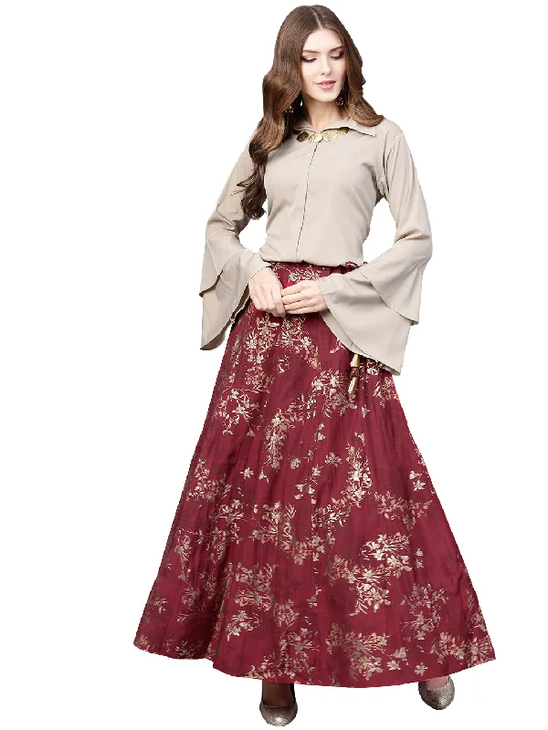 Jashvi Indowestern  Beige & Maroon  Shirt  With Skirt Set cashmere skirt soft
