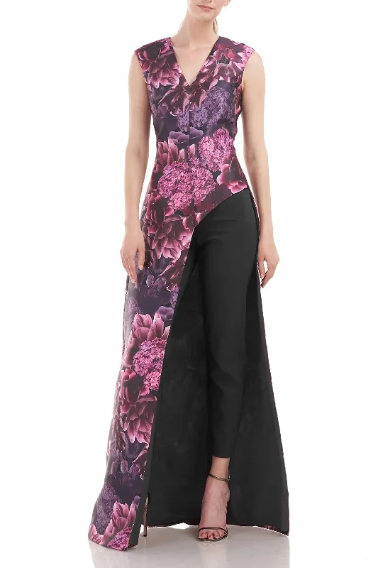 Kay Unger V-Neck Sleeveless Zipper Back Asymmetrical Skirt Mikado Jumpsuit ribbed skirt waist Kay Unger V-Neck Sleeveless Zipper Back Asymmetrical Skirt Mikado Jumpsuit ribbed skirt waist