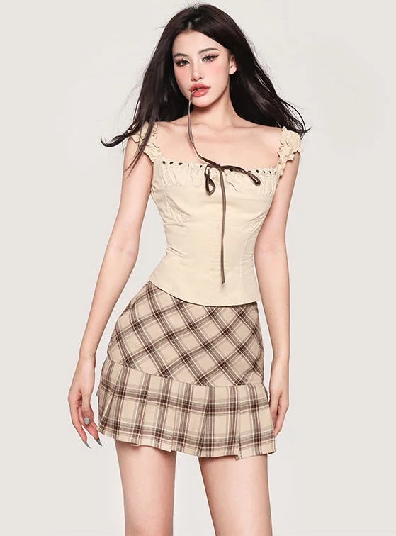 Maya Solid Color Khaki Lace Tie Wide Sleeve Square Neck Slim Top + Khaki Plaid High Waist Mini Skirt Matching Set tiered skirt playful