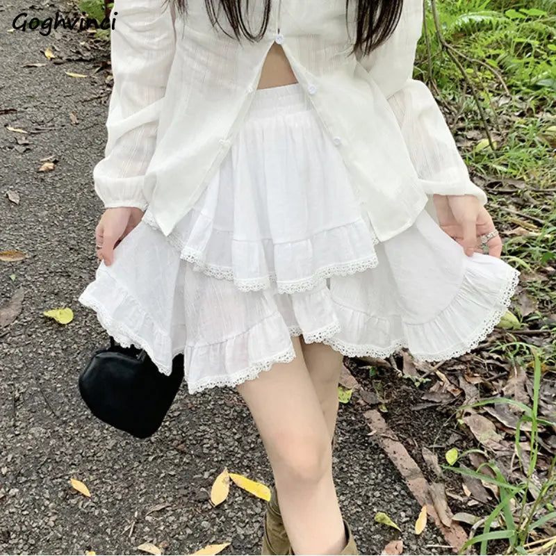 Mini Skirts Women Summer Ruffles Design Solid Sweet Fashion High Waist Lovely Korean Style All-match Girlish Tender New Simple belted skirt waist Mini Skirts Women Summer Ruffles Design Solid Sweet Fashion High Waist Lovely Korean Style All-match Girlish Tender New Simple belted skirt waist