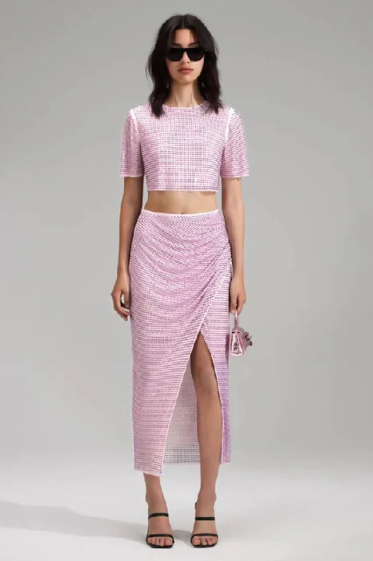 Pink Rhinestone Wrap Midi Skirt Set leather skirt refined