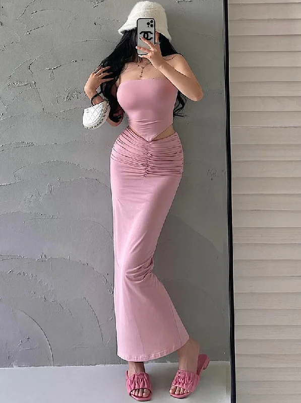 Presila Solid Color Sleeveless Slim Bandeau Tube Top + Solid Color Pleated High V-Waist Back Slit Long Slim Skirt Matching Set chiffon skirt flowing Presila Solid Color Sleeveless Slim Bandeau Tube Top + Solid Color Pleated High V-Waist Back Slit Long Slim Skirt Matching Set chiffon skirt flowing