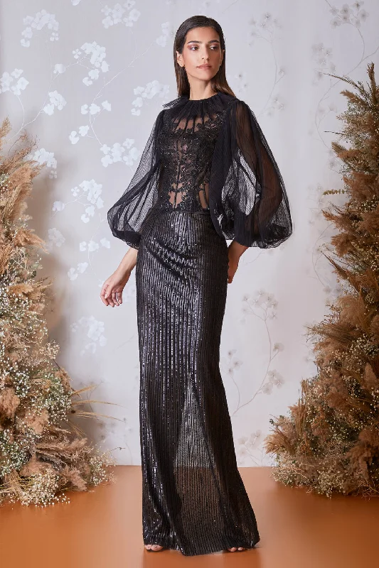 Puff sleeves embroidered top with back slit beaded skirt relaxed fit skirt