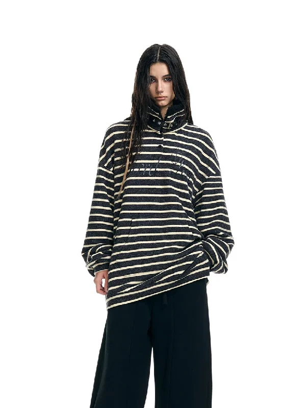 Striped Stand-Collar Fleece-Lined Loose Sweatshirt