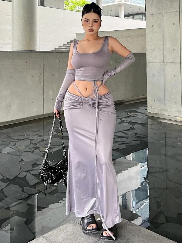 SYNEZ Solid Color Metallic Slim Cropped Top + Drawstring Tie Up Fishtail Long Skirt Matching Set high waist skirt SYNEZ Solid Color Metallic Slim Cropped Top + Drawstring Tie Up Fishtail Long Skirt Matching Set high waist skirt