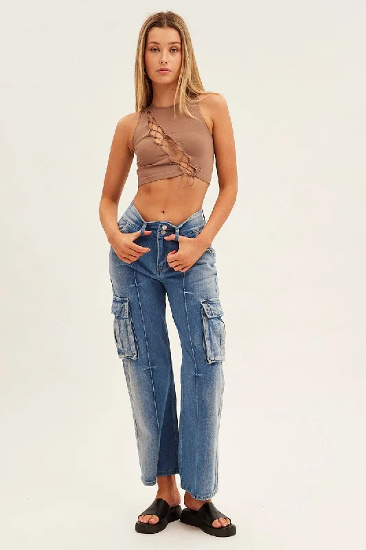 Blue Wide Leg Denim Cargo Pants