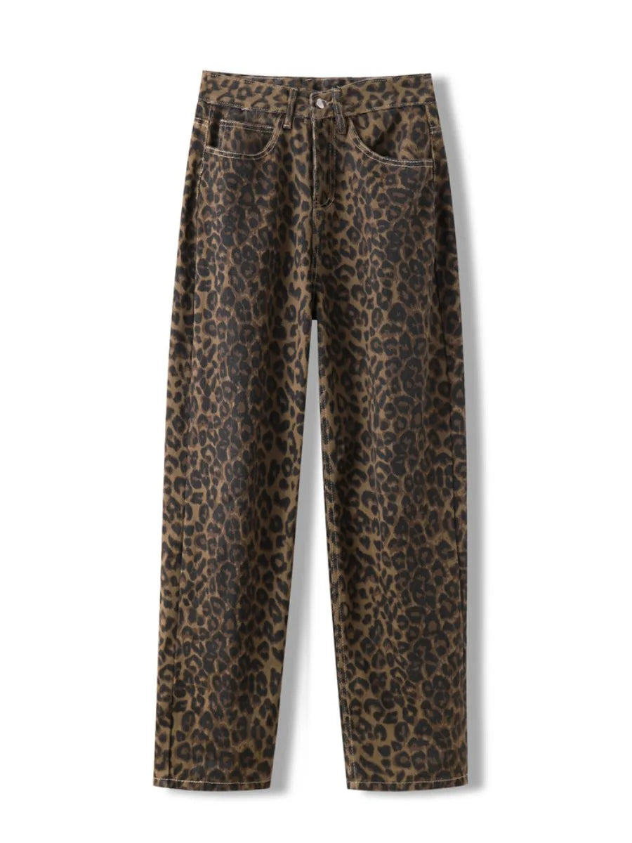 Leopard Print Jeans for Women High Waisted Y2k Retro Fashion Streetwear Denim Pants