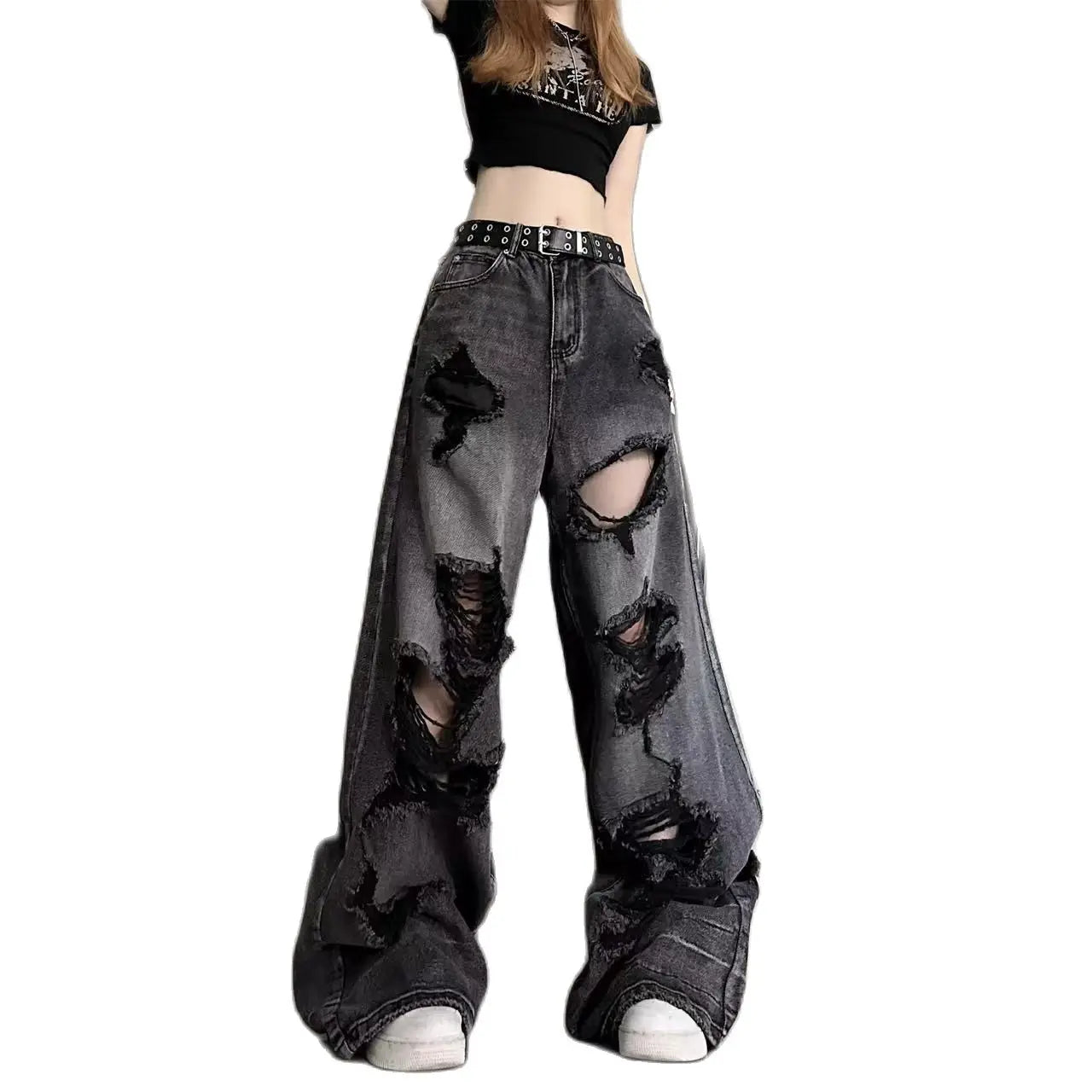 Vintage High Waist Denim Pants Ripped Jeans Women Fashion Loose Wide Leg