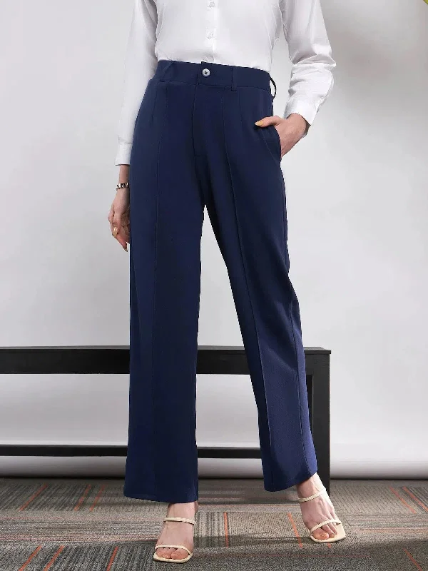 Women Navy Front Darted Knitted Straight Pants