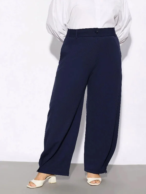 Women Navy Hem Button Detail Straight Pants