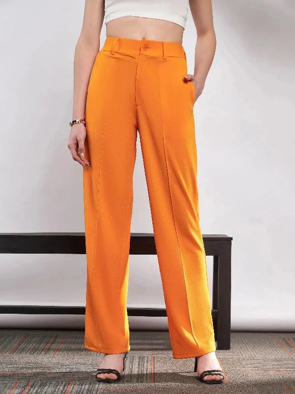 Women Orange Front Darted Knitted Straight Pants