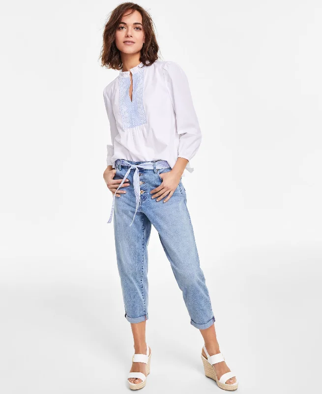 Women's Cropped Faded Tie-Belt Jeans