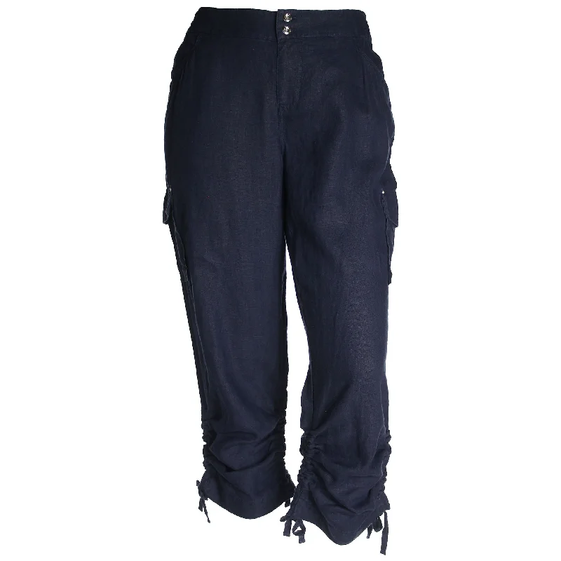 INC Blue Ruched Leg Embellished Linen Cargo Pants Plus Size