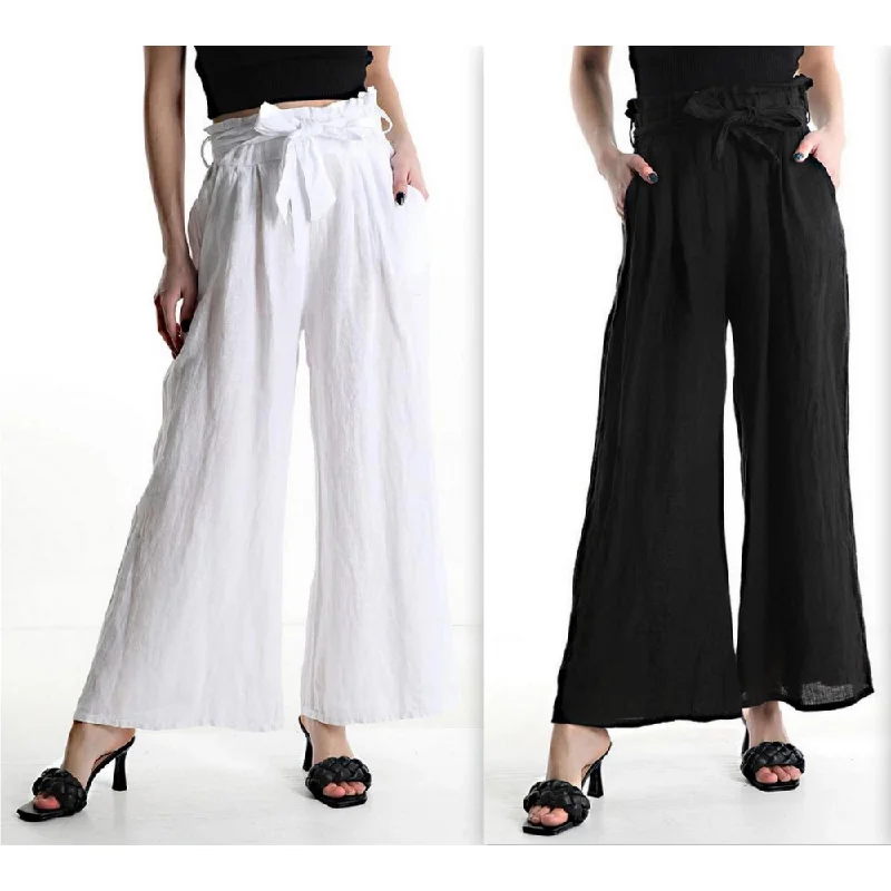 Linen & Gauze Front Tieknot Linen White Pants (Women's)