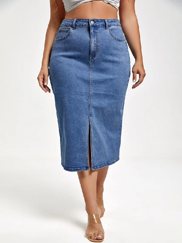 Plus Blue Slit Front Denim Skirt