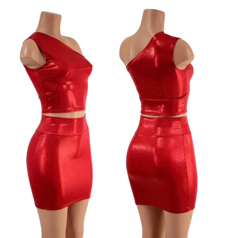 Red Sparkly One Shoulder Crop Top & Bodycon Skirt Set