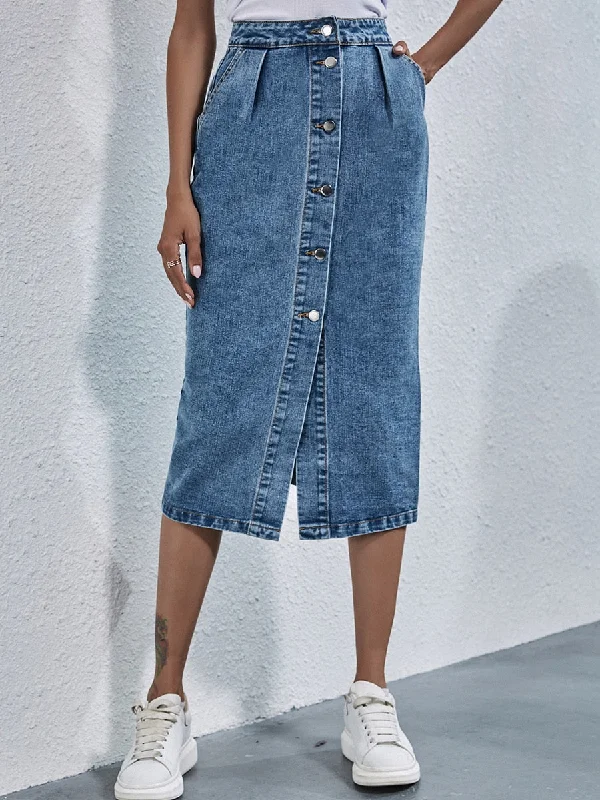 BerriesJam - 2024 Single Breasted Knee Length Denim Skirt