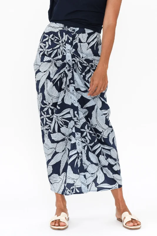 Treston Blue Tropical Cotton Gathered Skirt