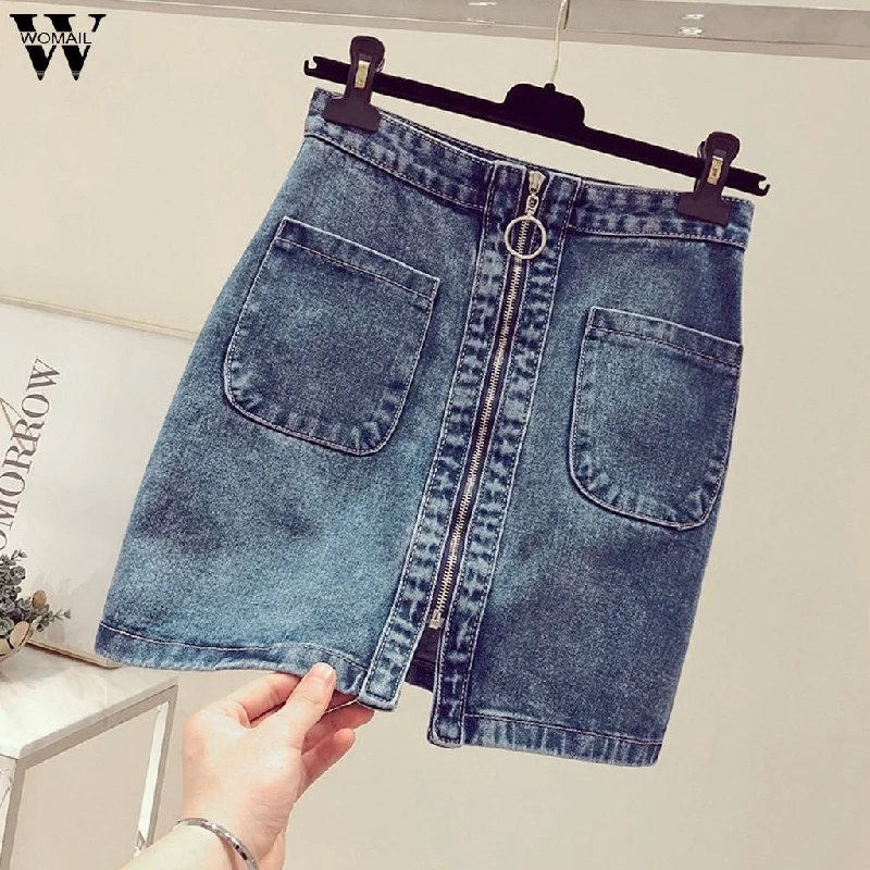 Womail Skirt Women Summer New Korean High Waist Zipper Pocket Student Short Denim Skirt Fashion high quality  2020  A1