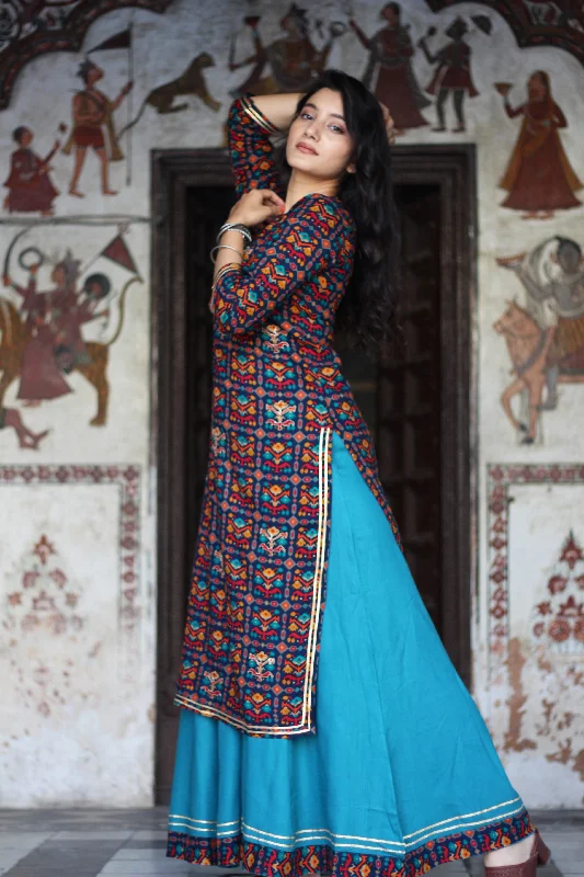 Womens Multicolor Rayon Straight Kurta with Skirt Set